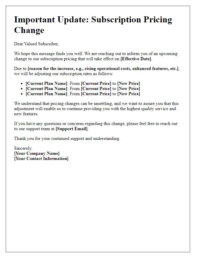 Letter template of pricing update for subscription services.