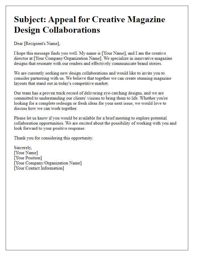 Letter template of appeal for creative magazine design offers.