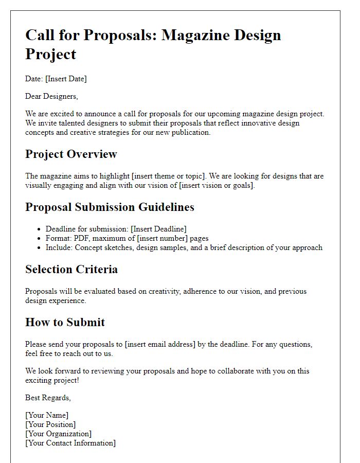 Letter template of call for magazine design project proposals.