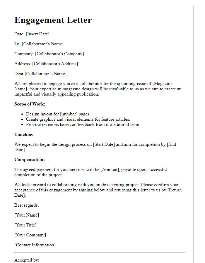 Letter template of engagement for professional magazine design collaborators.