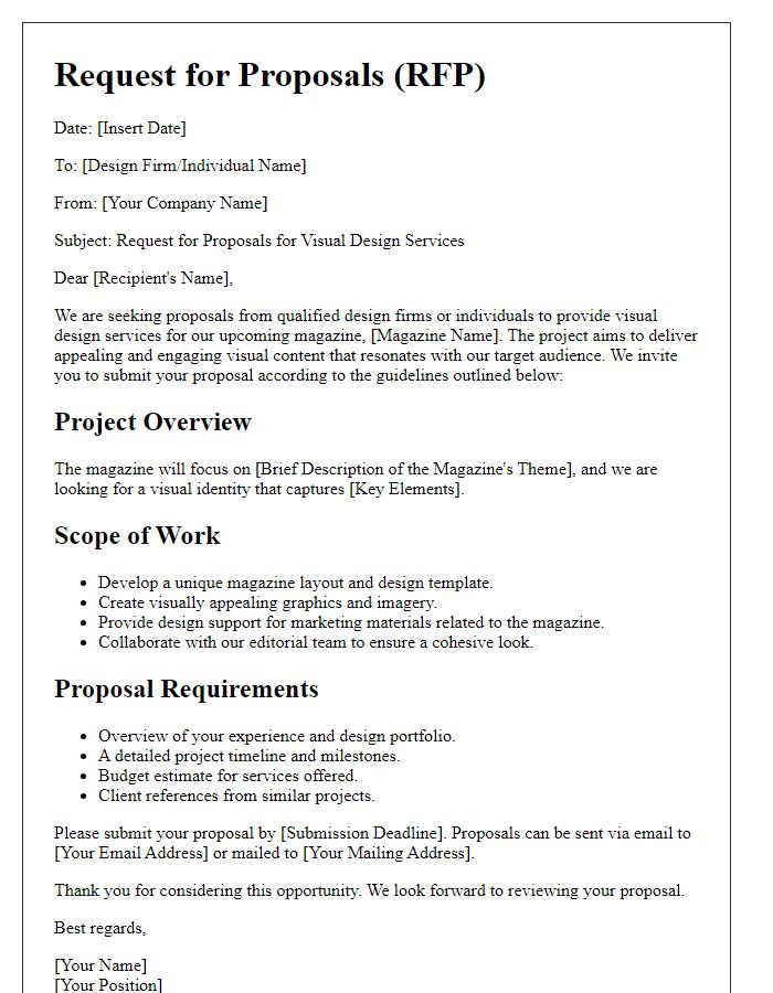 Letter template of request for proposals for magazine visual design.