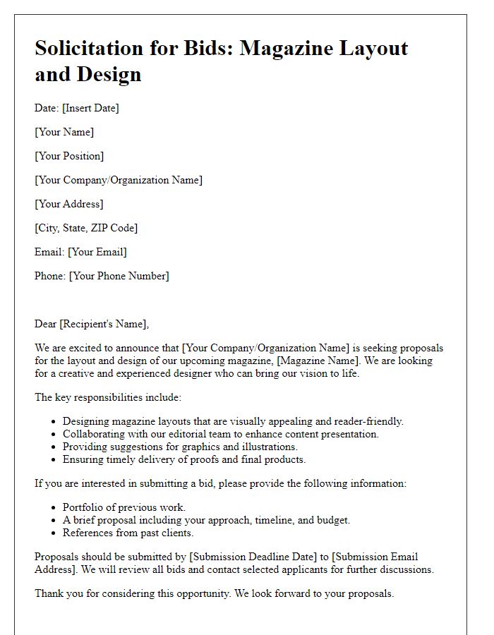 Letter template of solicitation for magazine layout and design bids.