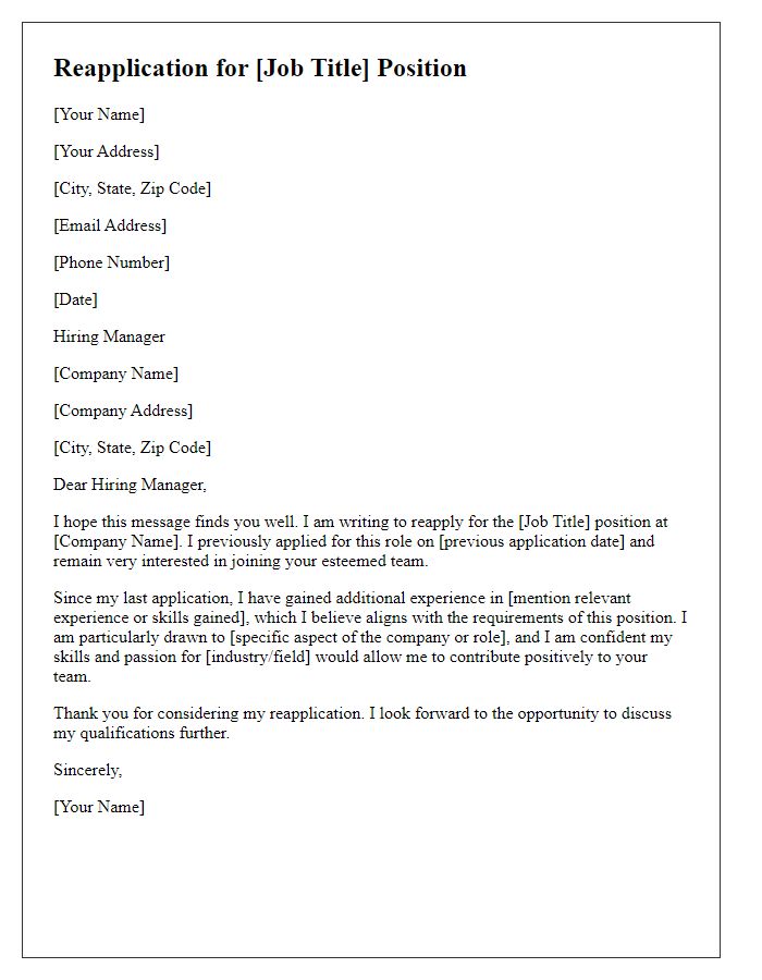 Letter template of reapplication for a job position at [Company Name]