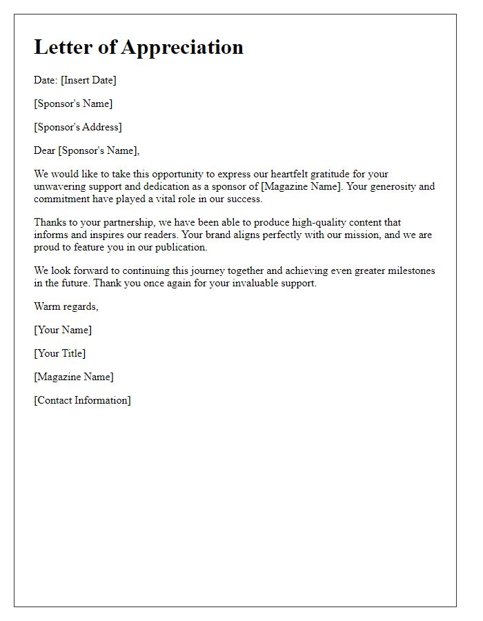 Letter template of appreciation for dedicated magazine sponsors.