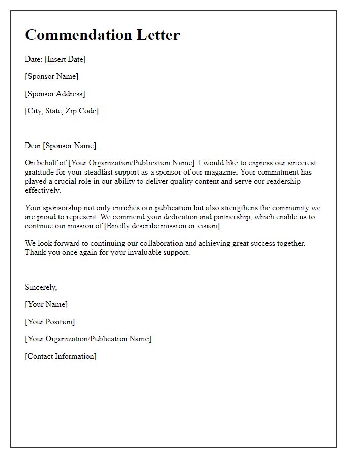 Letter template of commendation for steadfast magazine sponsors.