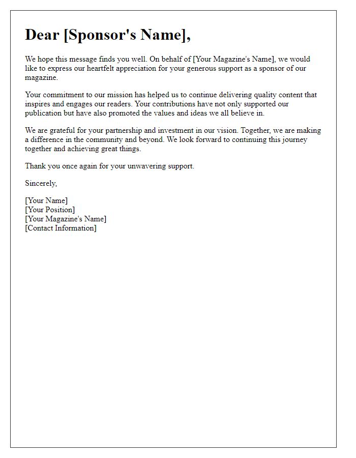 Letter template of heartfelt appreciation for our magazine sponsors.