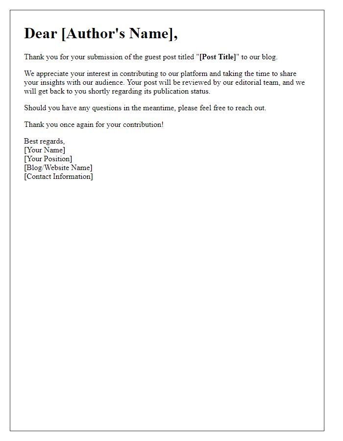 Letter template of acknowledgment for guest post submission.