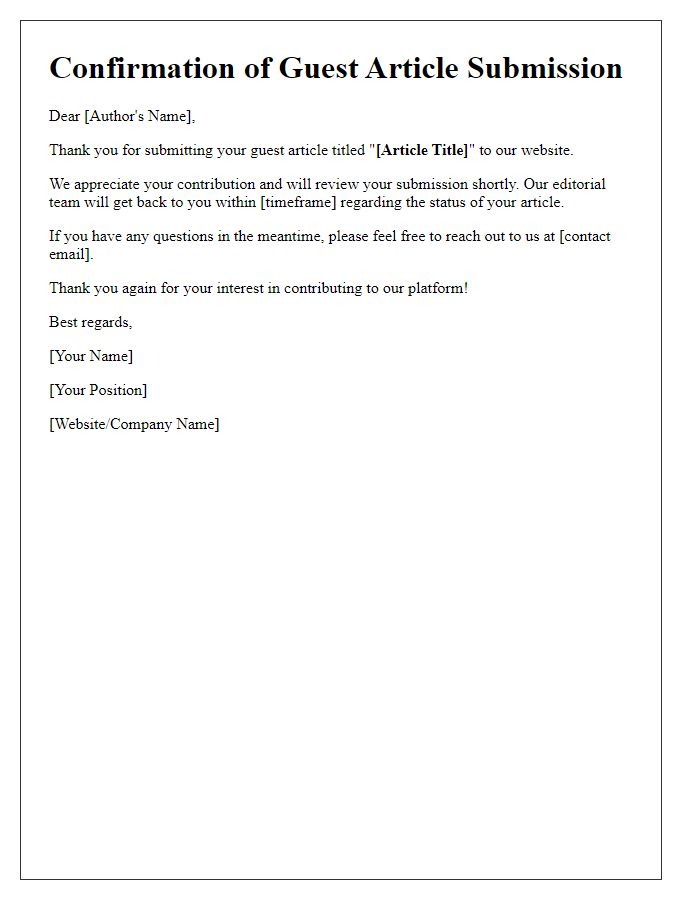 Letter template of confirmation for guest article submission.