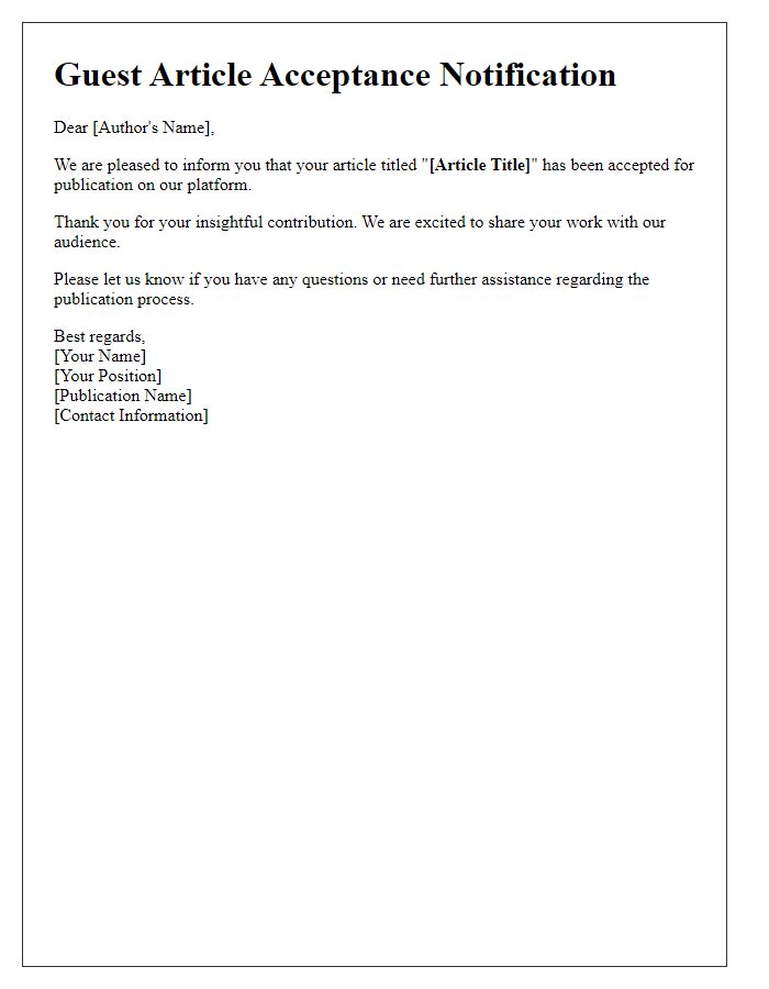 Letter template of notification for guest article acceptance.