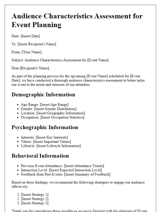 Letter template of audience characteristics assessment for event planning.