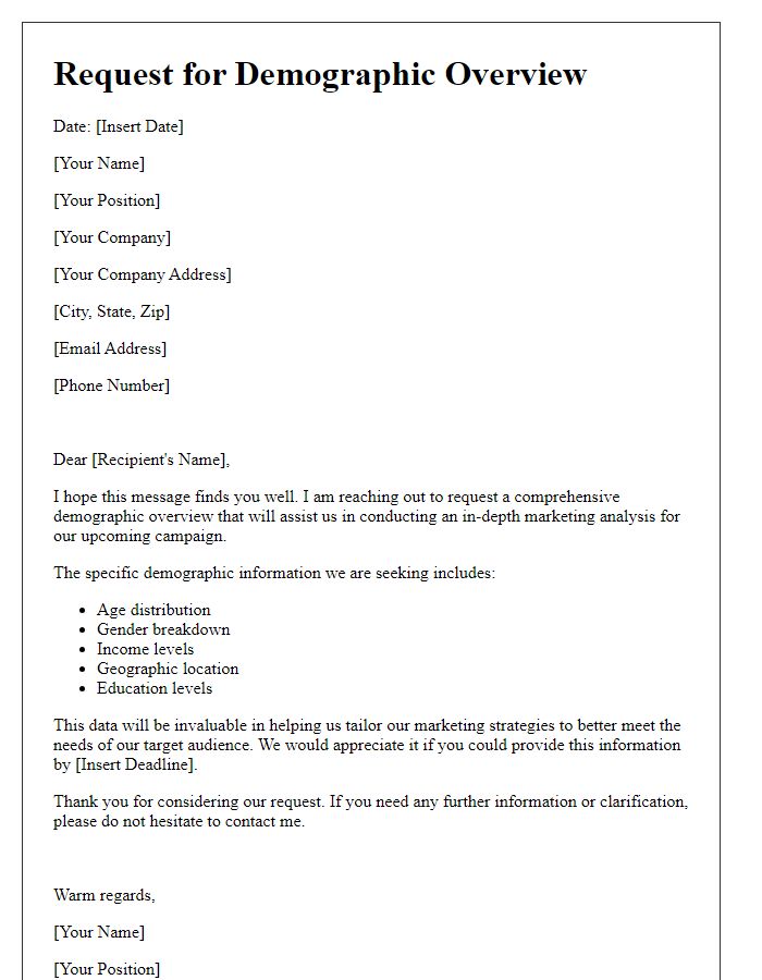 Letter template of demographic overview request for marketing analysis.