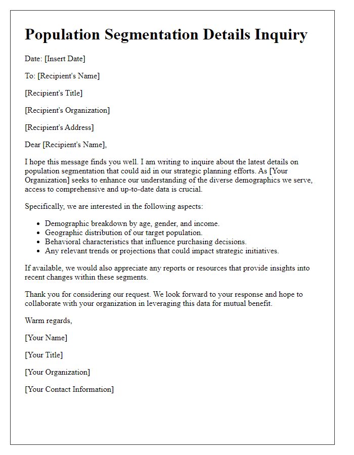 Letter template of population segmentation details inquiry for strategic planning.