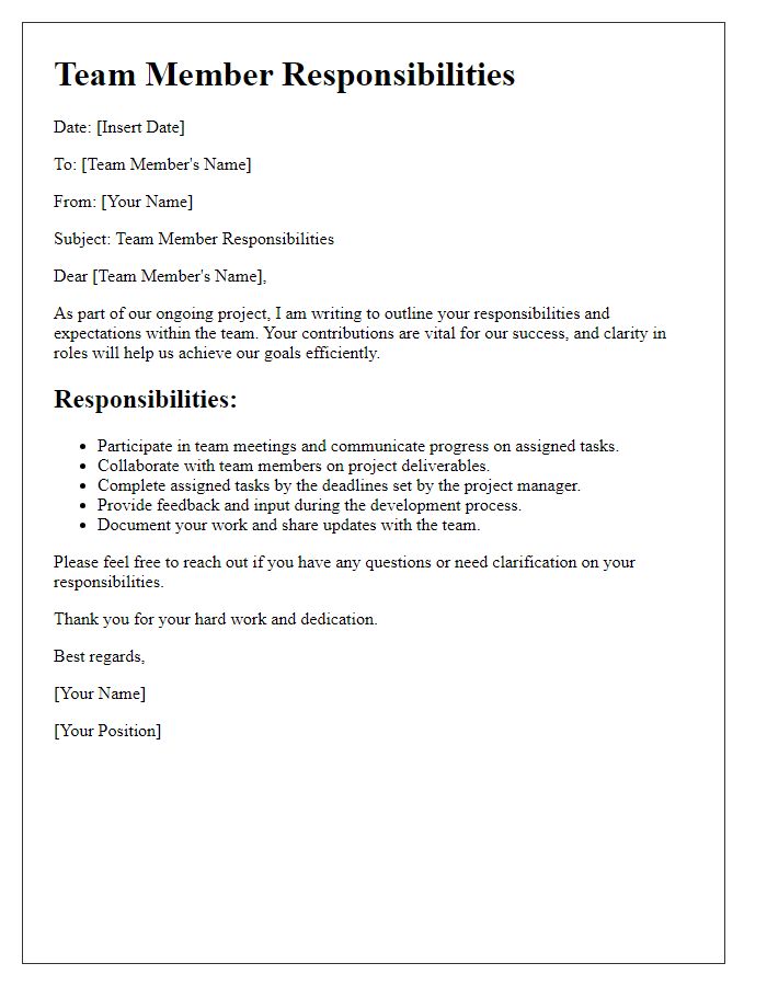 Letter template of Team Member Responsibilities