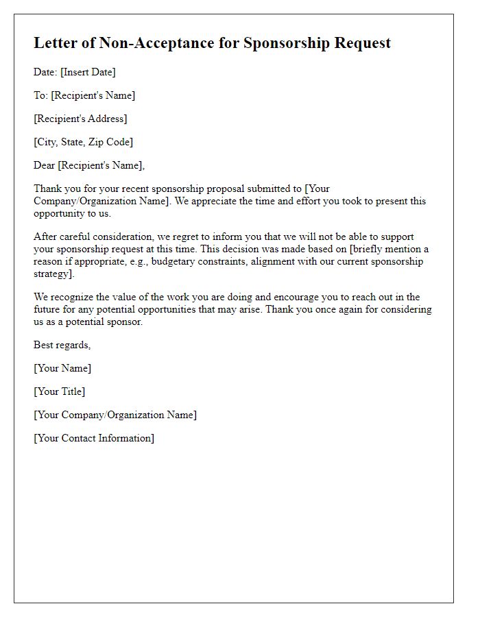 Letter template of non-acceptance for sponsorship request.