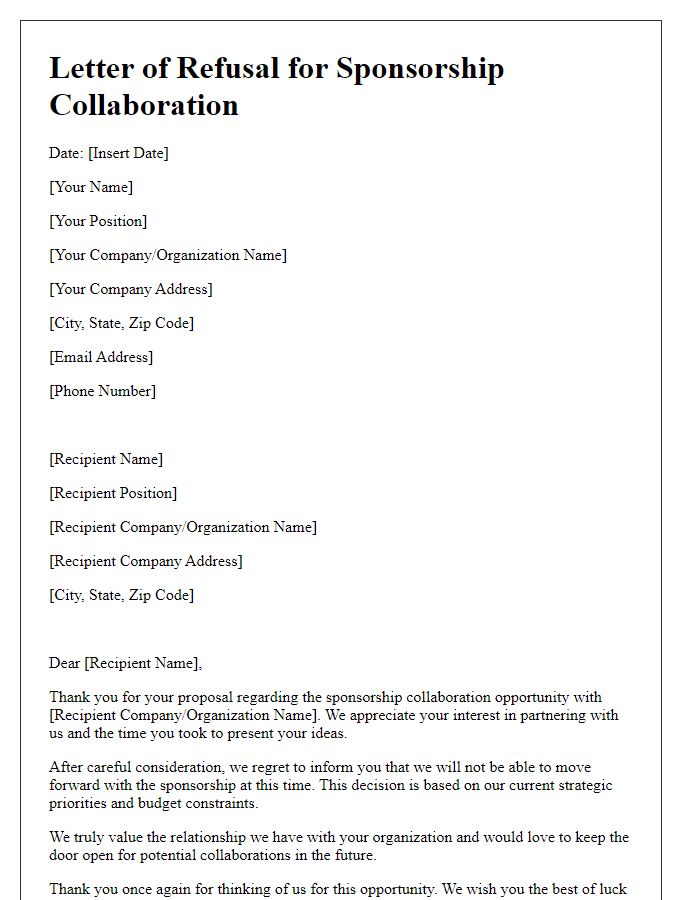 Letter template of refusal regarding sponsorship collaboration.