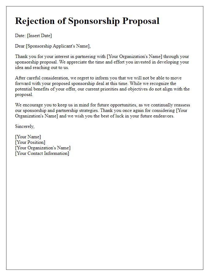 Letter template of rejection for proposed sponsorship deal.