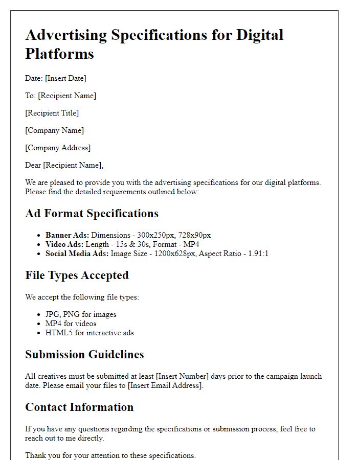 Letter template of advertising specifications for digital platforms.