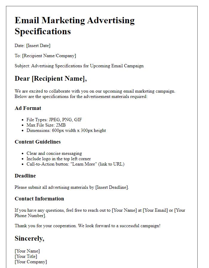 Letter template of advertising specifications for email marketing.