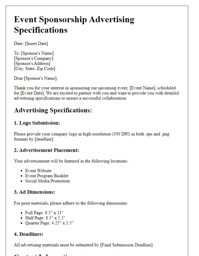 Letter template of advertising specifications for event sponsorships.