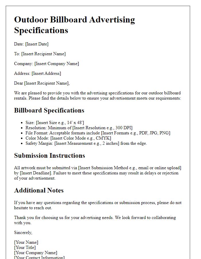 Letter template of advertising specifications for outdoor billboards.