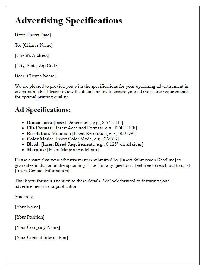 Letter template of advertising specifications for print media.