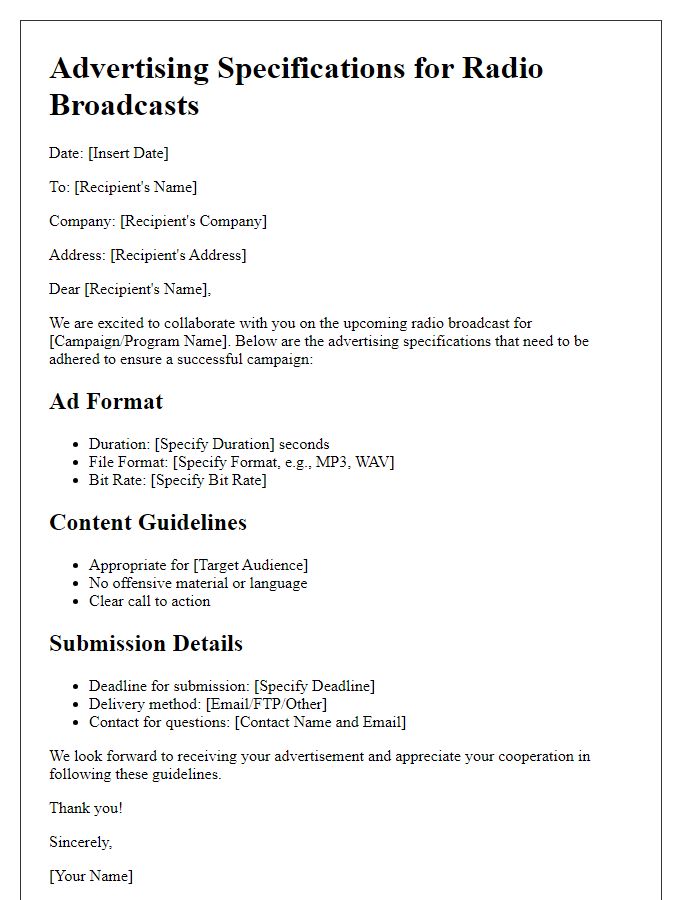 Letter template of advertising specifications for radio broadcasts.