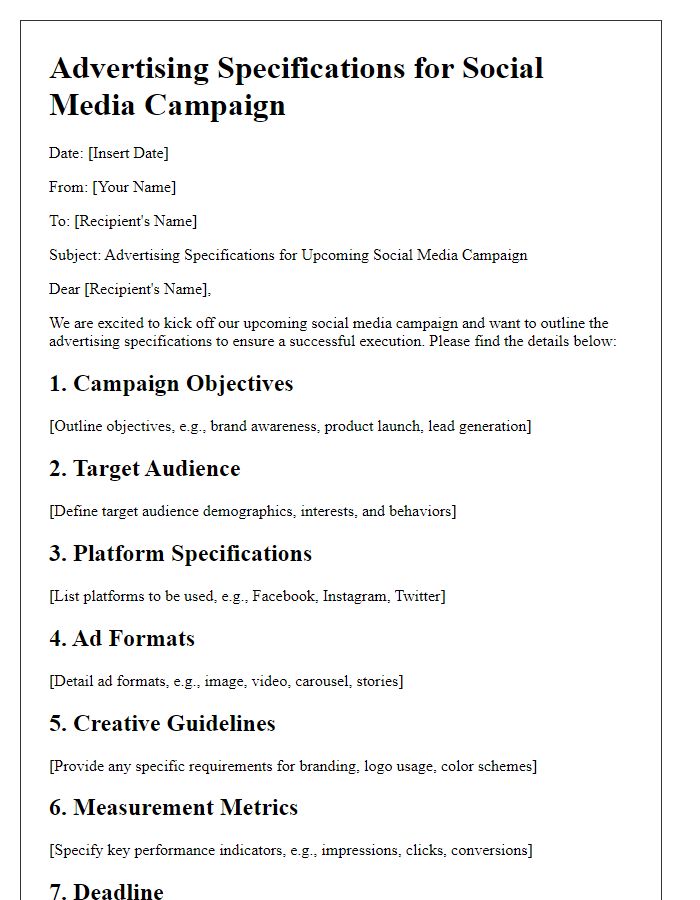 Letter template of advertising specifications for social media campaigns.