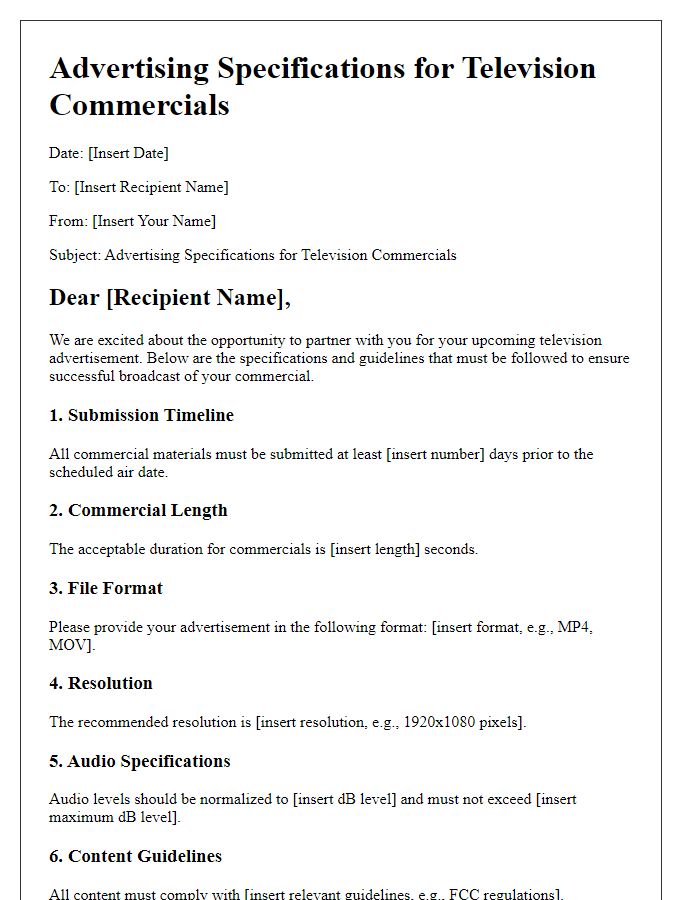 Letter template of advertising specifications for television commercials.