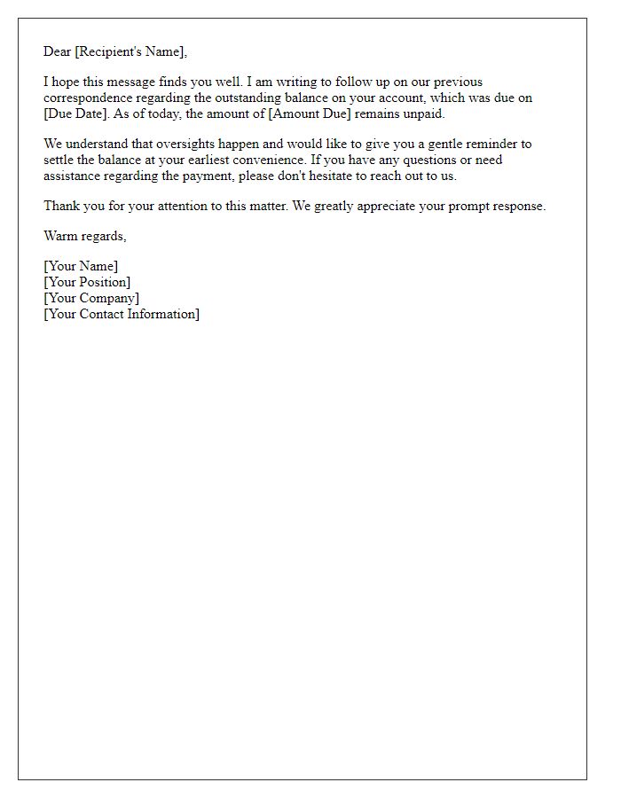 Letter template of gentle reminder for unsettled account.