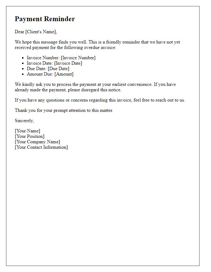 Letter template of payment reminder for overdue invoices.