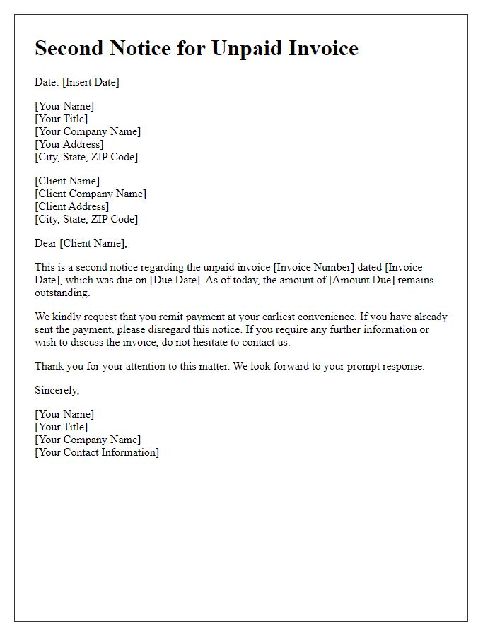 Letter template of second notice for unpaid invoice.