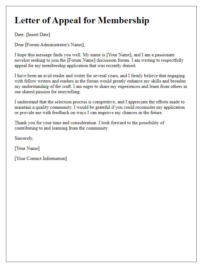 Letter template of appeal for a novelist discussion forum.