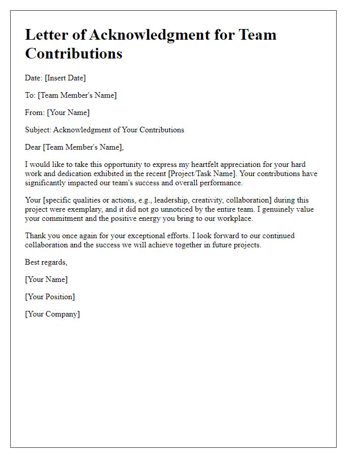 Letter template of acknowledgment for team contributions.