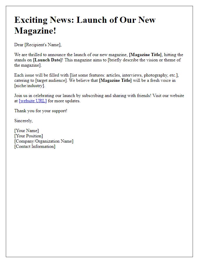 Letter template of magazine title launch announcement.