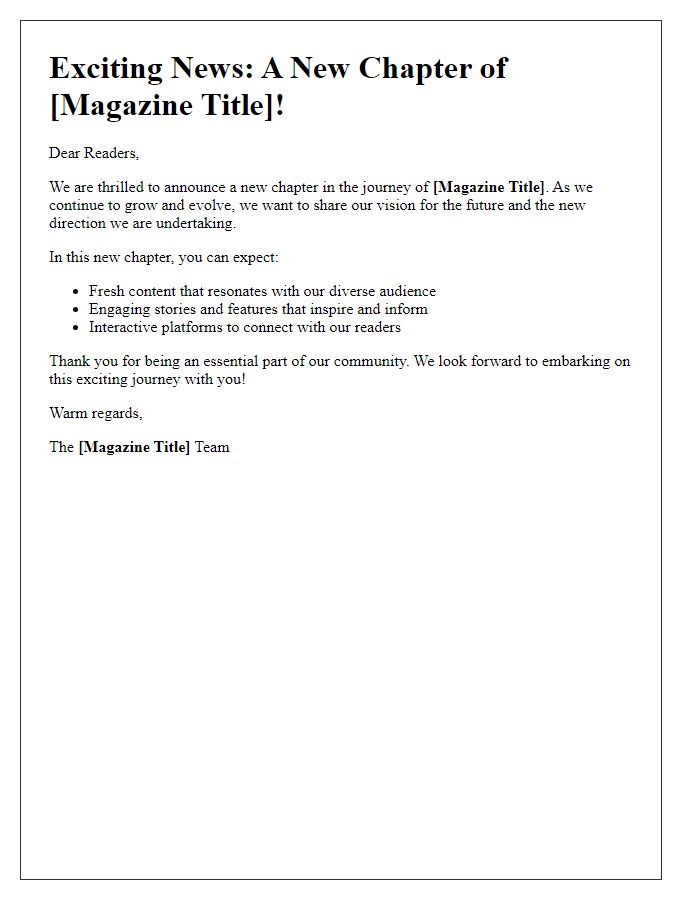 Letter template of the new chapter with our magazine's title.