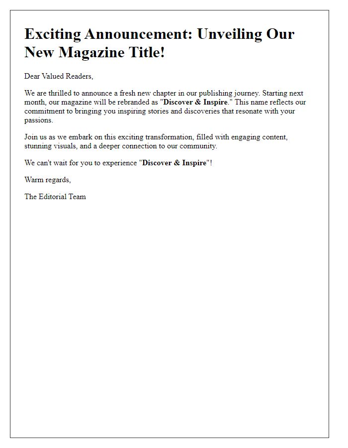 Letter template of unveiling our new magazine title.