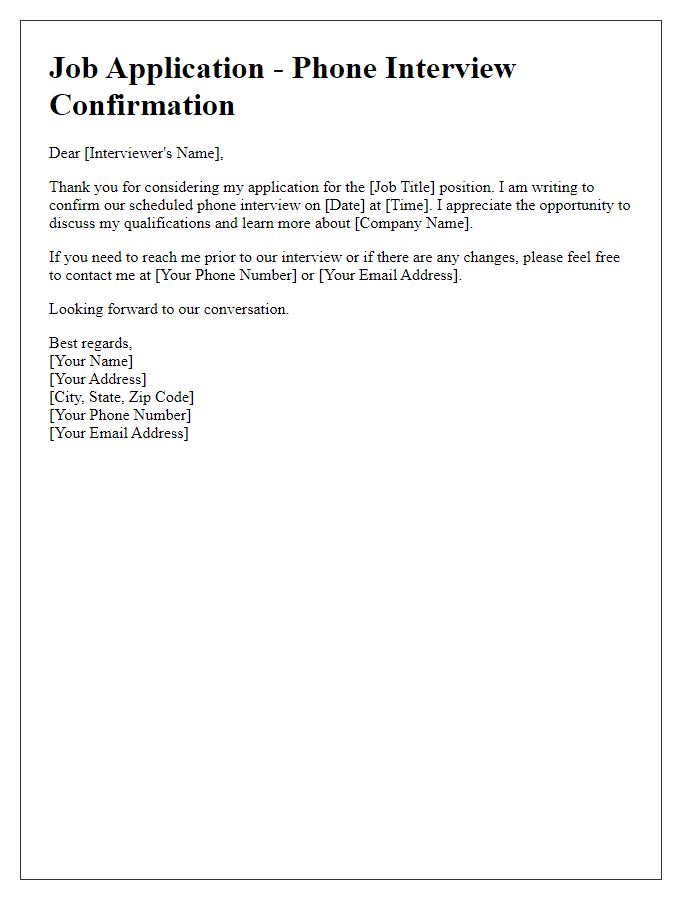 Letter template of job application confirming scheduled phone interview.