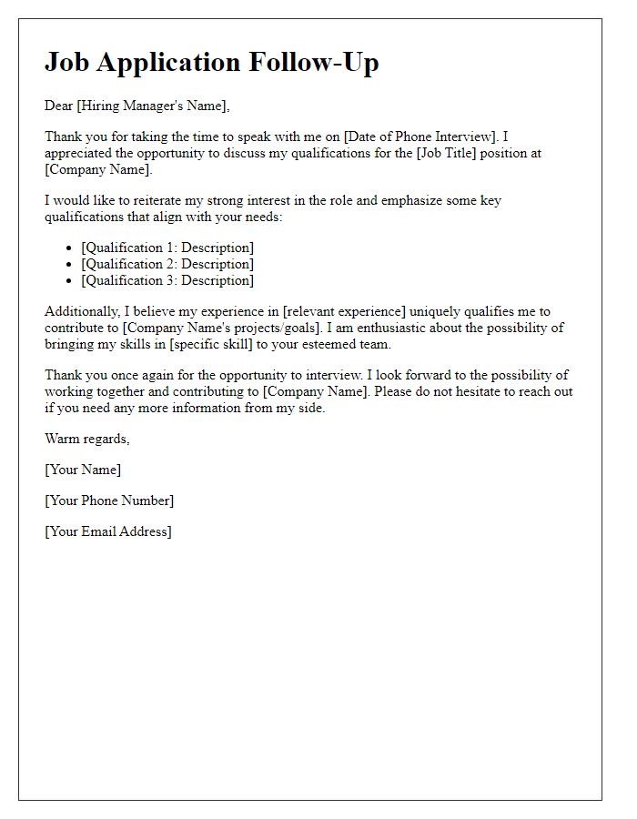 Letter template of job application emphasizing qualifications after phone interview.