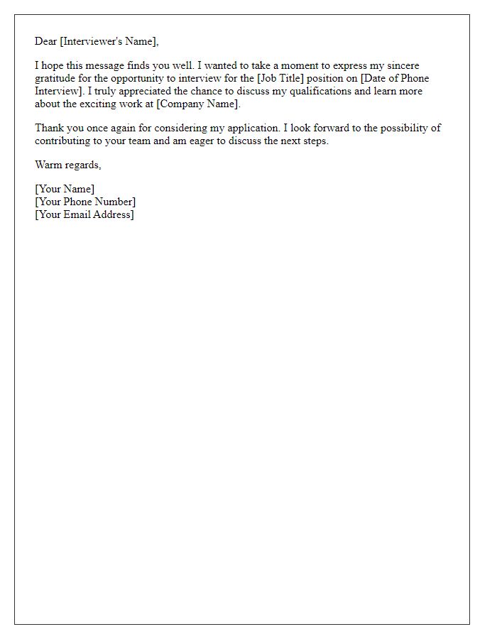 Letter template of job application expressing gratitude for phone interview opportunity.