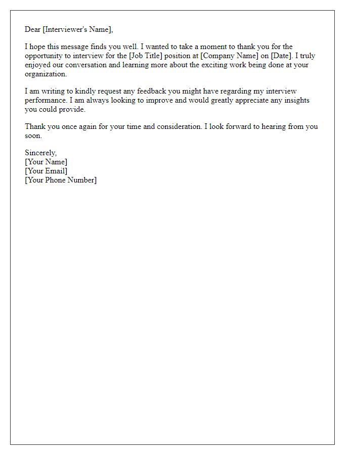Letter template of job application requesting feedback after phone interview.