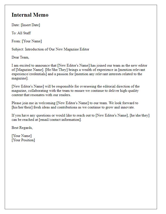 Letter template of internal memo introducing the new magazine editor.