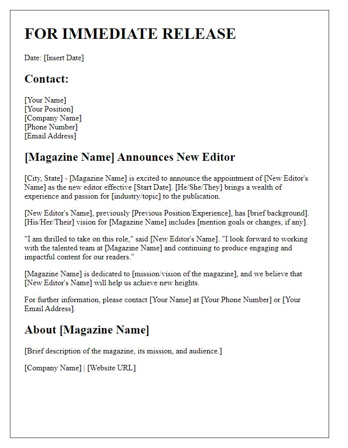 Letter template of press release announcing the new magazine editor.