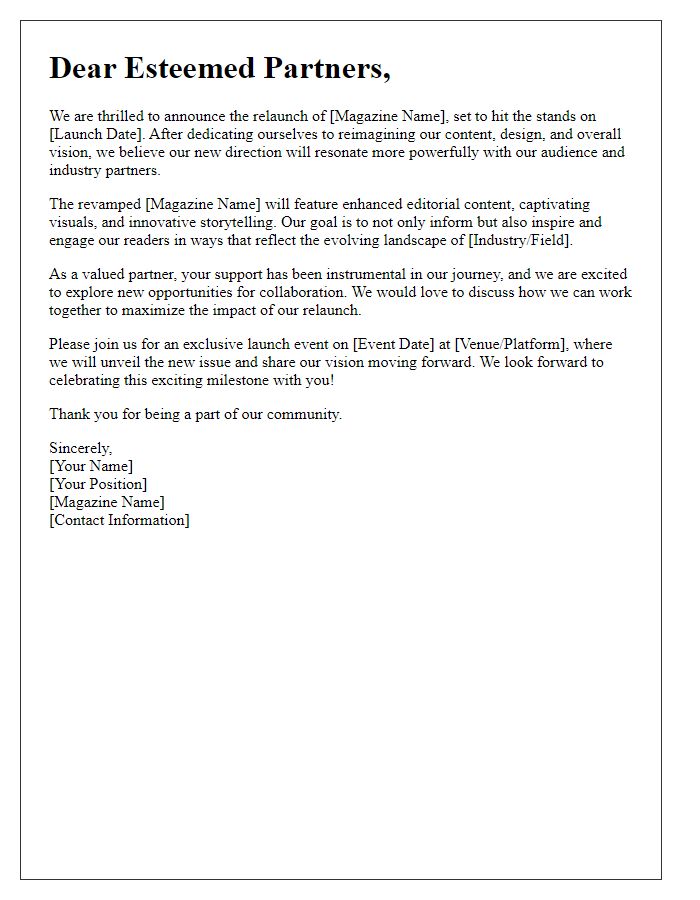 Letter template of magazine relaunch announcement to industry partners.