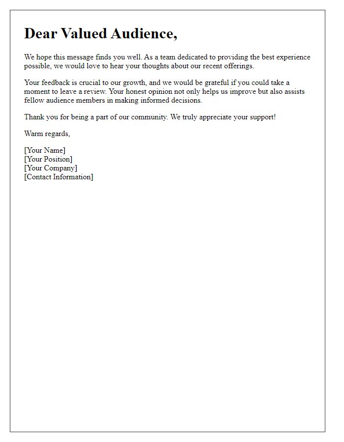 Letter template of appeal for reviews from your audience.