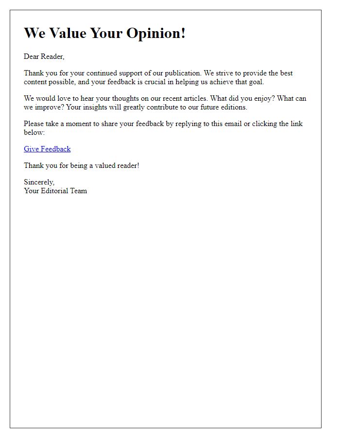 Letter template of invitation for feedback from readers.