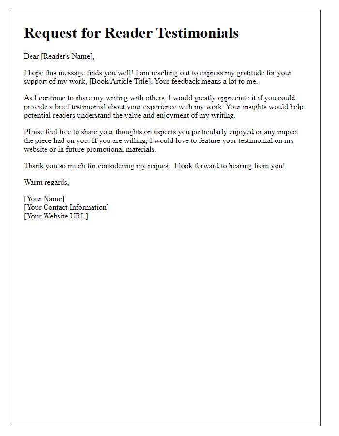 Letter template of request for reader testimonials.