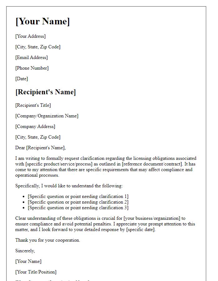 Letter template of demand for clarity on licensing obligations.