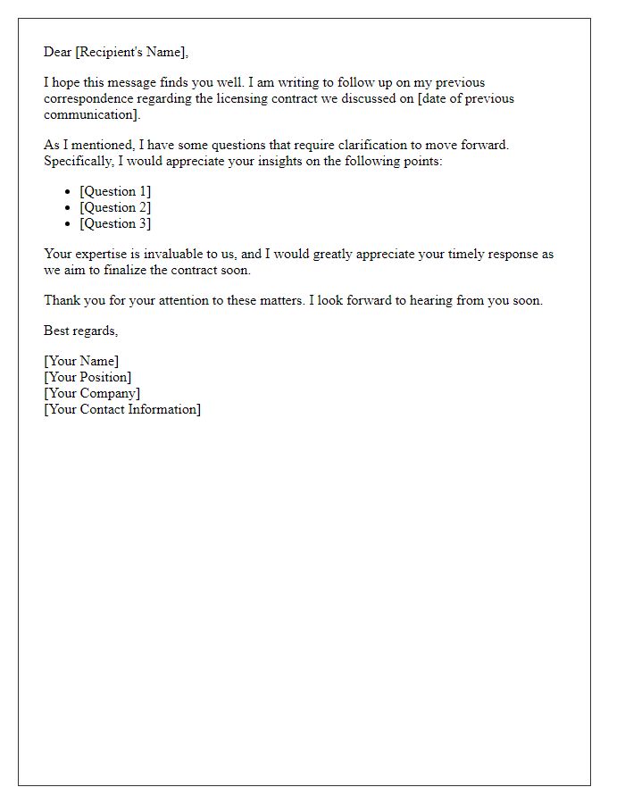 Letter template of follow-up on licensing contract questions.