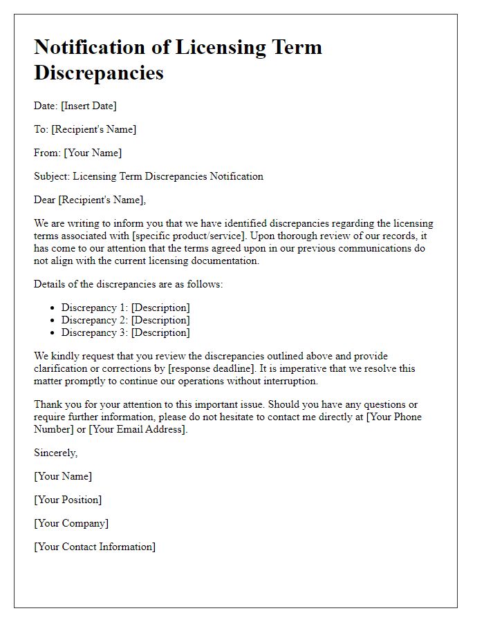 Letter template of notification regarding licensing term discrepancies.