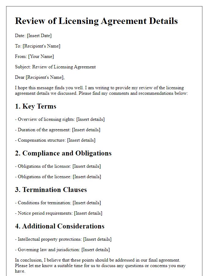 Letter template of review concerning licensing agreement details.